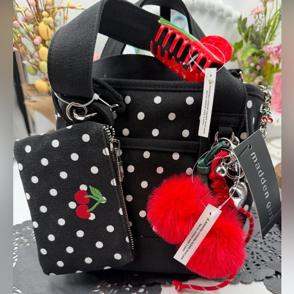 Madden Girl Polka Dot Cherry Mini Tote w/Charms, Hair Clip & Bag Key Chain BNWT